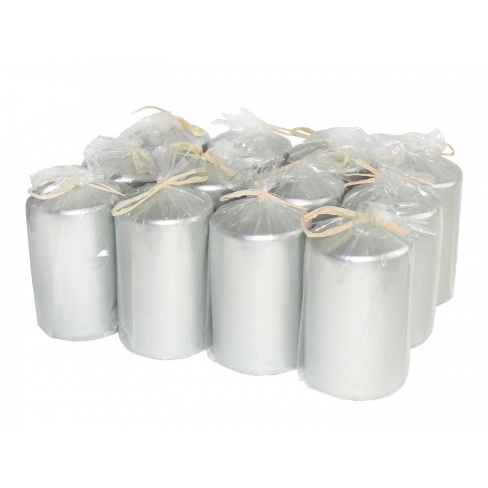 HotStar Metallic Silver Candles Pillars 12 Pcs Burning 30 Hours 60x100 mm Unscented