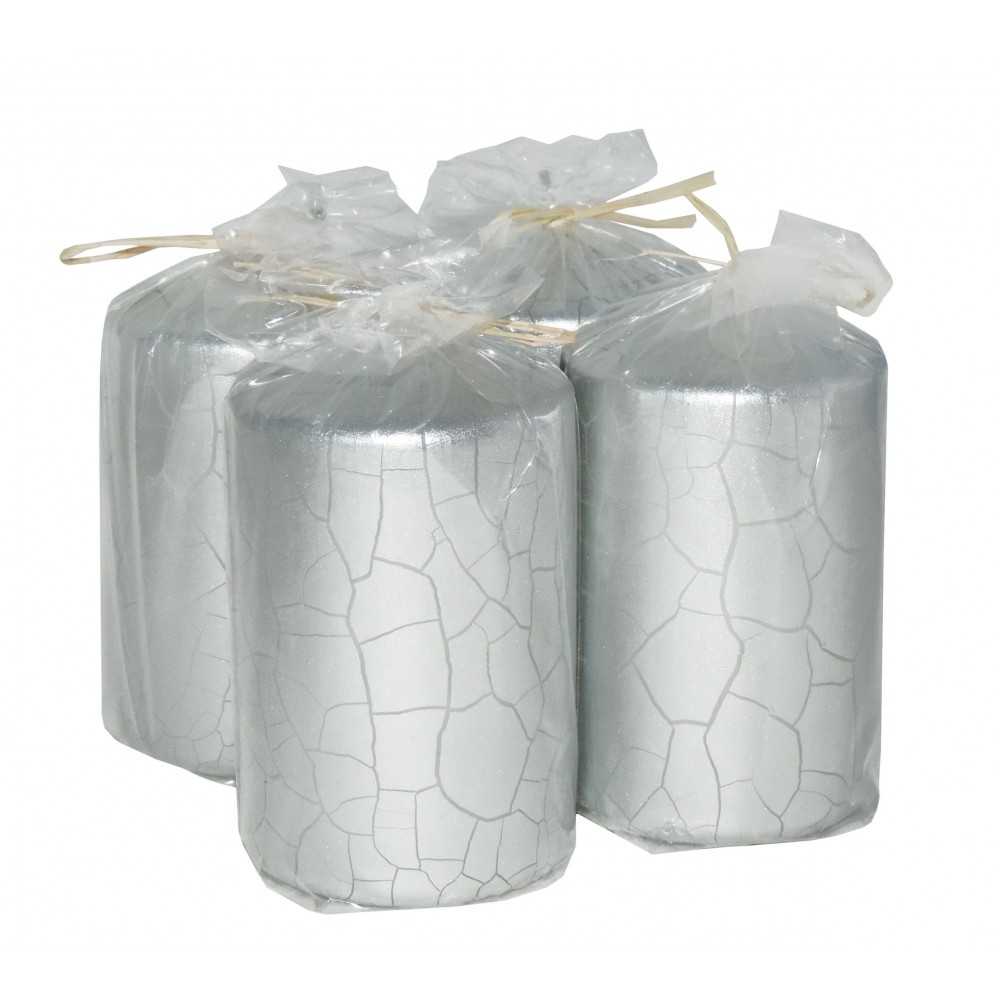 HotStar Crack Metallic Silver Candles Pillars 4 Pcs Burning 30 Hours 60x100 mm Unscented