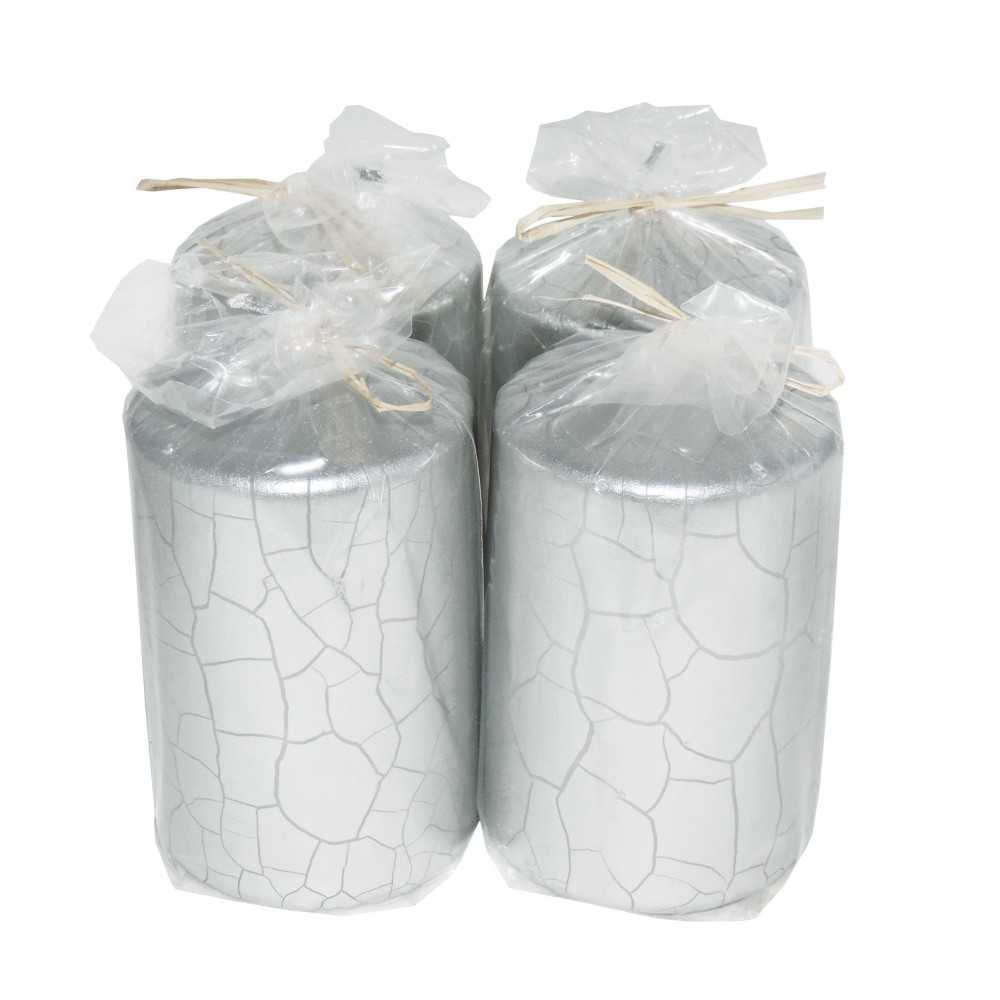 HotStar Crack Metallic Silver Candles Pillars 4 Pcs Burning 30 Hours 60x100 mm Unscented