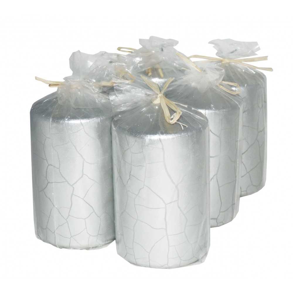 HotStar Crack Metallic Silver Candles Pillars 6 Pcs Burning 30 Hours 60x100 mm Unscented