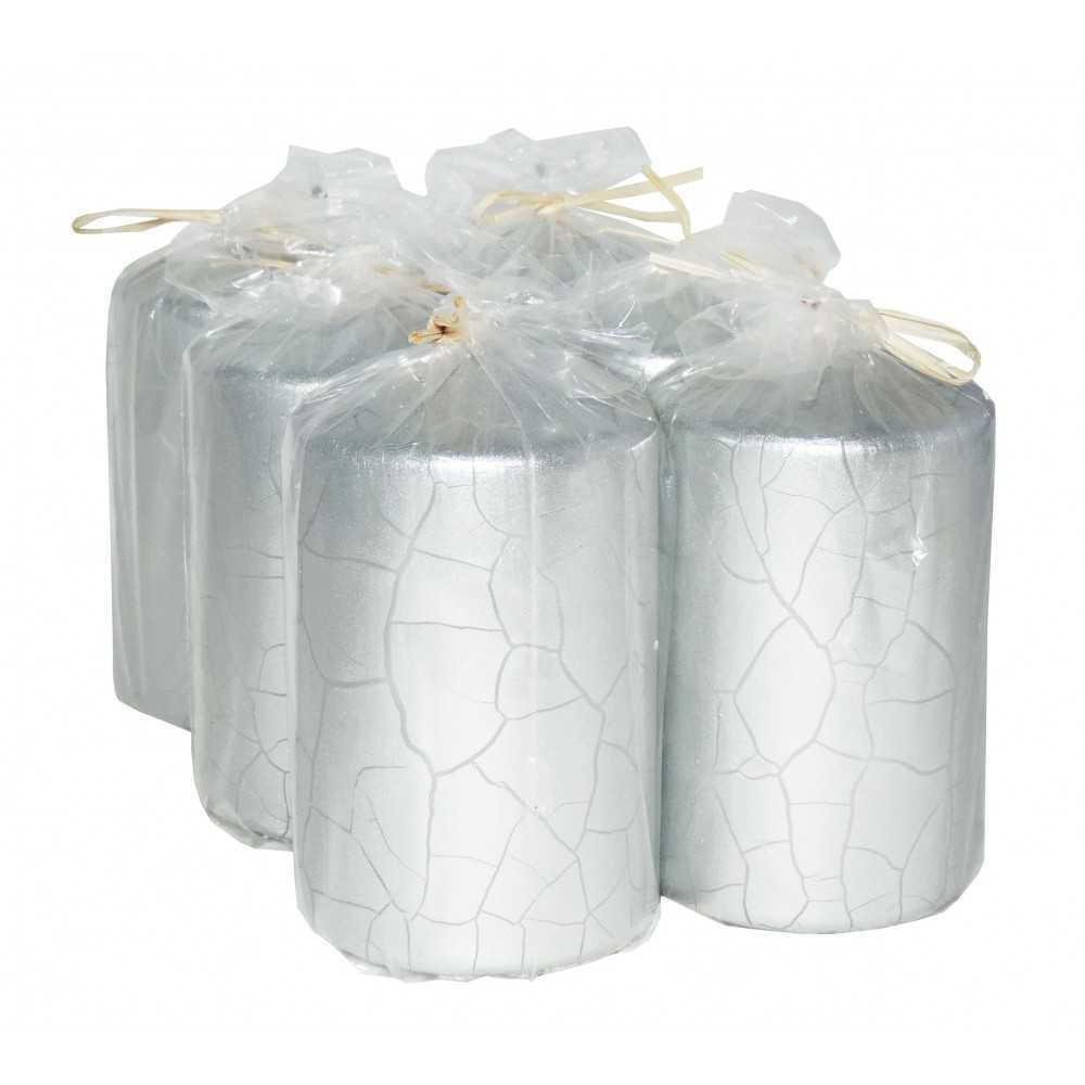 HotStar Crack Metallic Silver Candles Pillars 6 Pcs Burning 30 Hours 60x100 mm Unscented