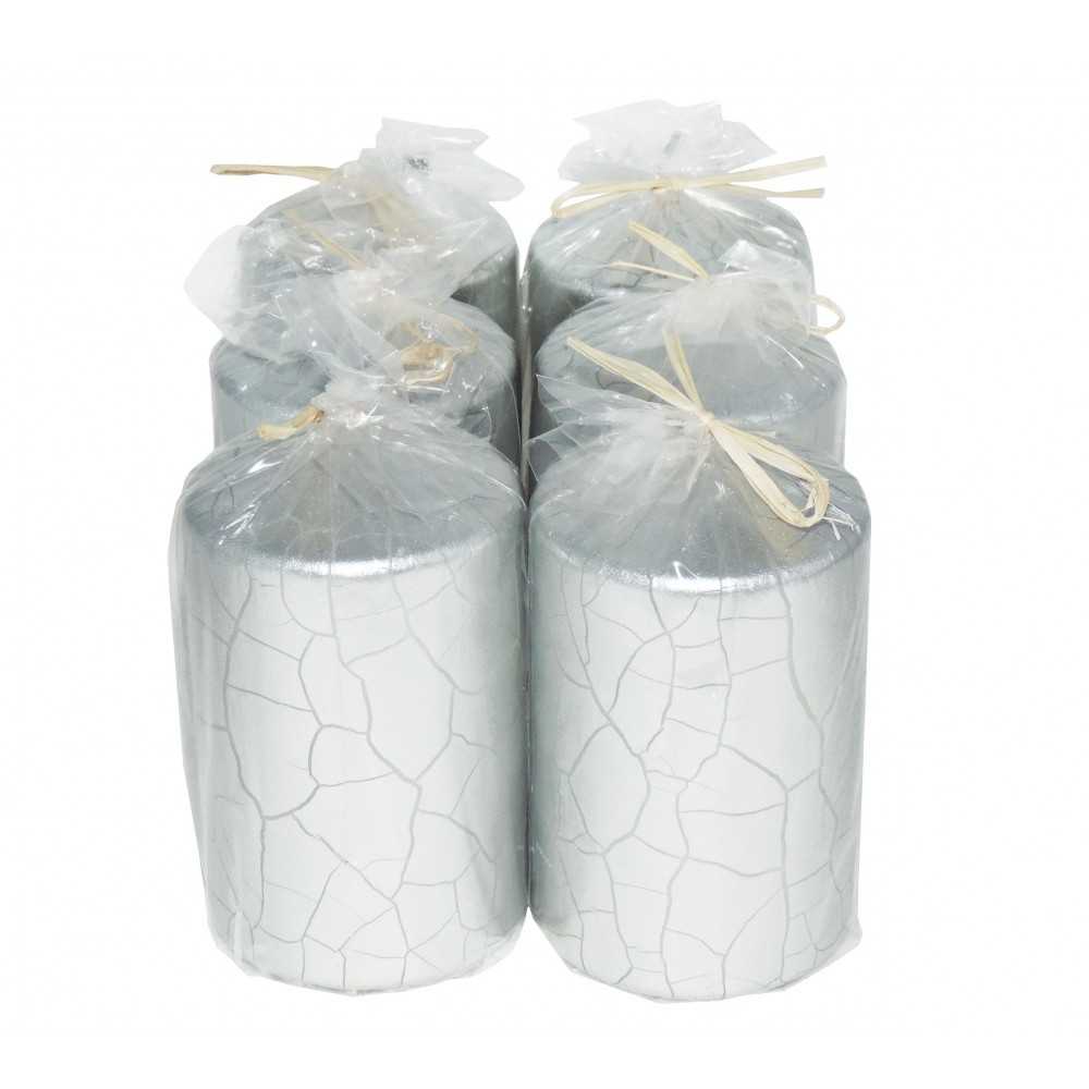 HotStar Crack Metallic Silver Candles Pillars 6 Pcs Burning 30 Hours 60x100 mm Unscented