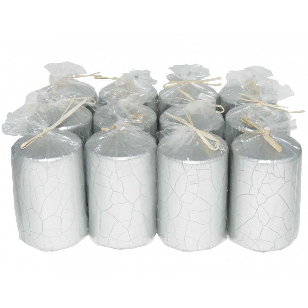 HotStar Crack Metallic Silver Candles Pillars 12 Pcs Burning 30 Hours 60x100 mm Unscented