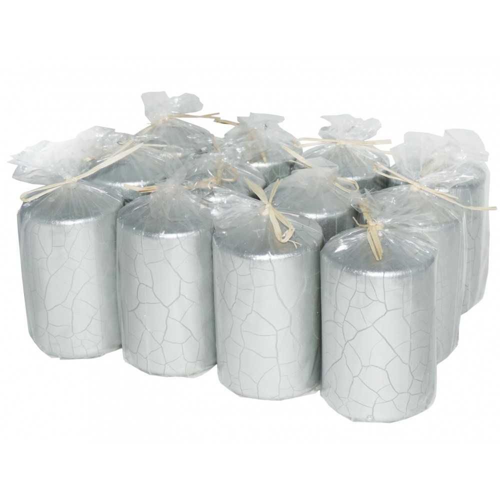 HotStar Crack Metallic Silver Candles Pillars 12 Pcs Burning 30 Hours 60x100 mm Unscented