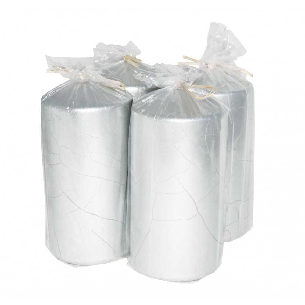 HotStar Crack Metallic Silver Candles Pillars 4 Pcs Burning 69 Hours 70x140 mm Unscented