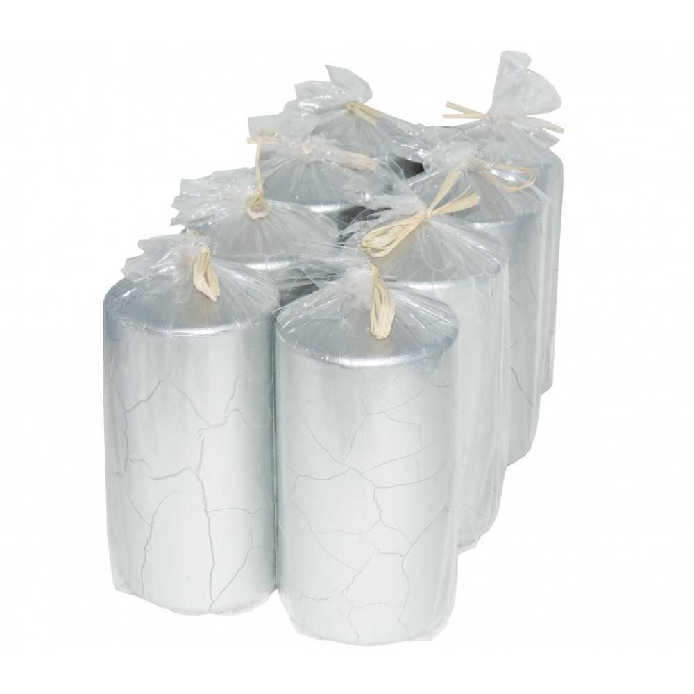 HotStar Crack Metallic Silver Candles Pillars 8 Pcs Burning 69 Hours 70x140 mm Unscented