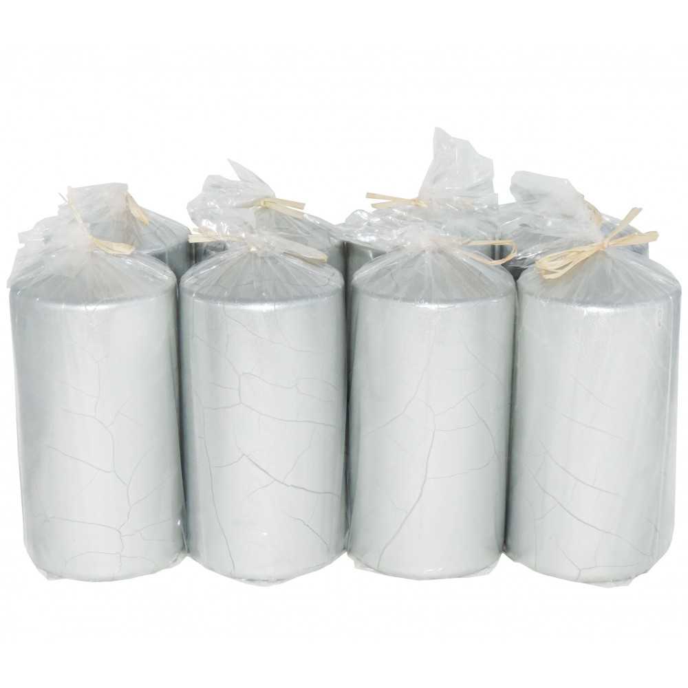 HotStar Crack Metallic Silver Candles Pillars 8 Pcs Burning 69 Hours 70x140 mm Unscented