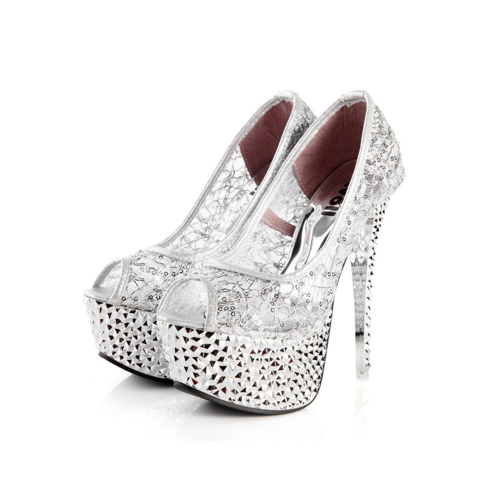 Sequin peep toe platform shoes with pyramid studs 14.5cm Heel 5cm Platform Silver Kvoll
