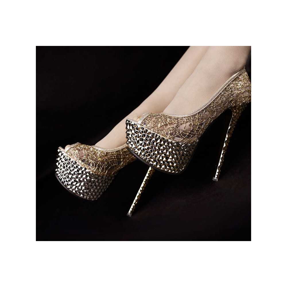 Sequin peep toe platform shoes with pyramid studs 14.5cm Heel 5cm Platform Gold Kvoll