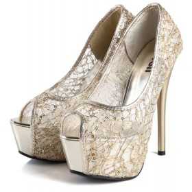 Sequin peep toe platform shoes 14.8cm Heel 5cm Platform Gold Kvoll