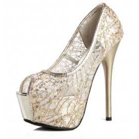 Sequin peep toe platform shoes 14.8cm Heel 5cm Platform Gold Kvoll