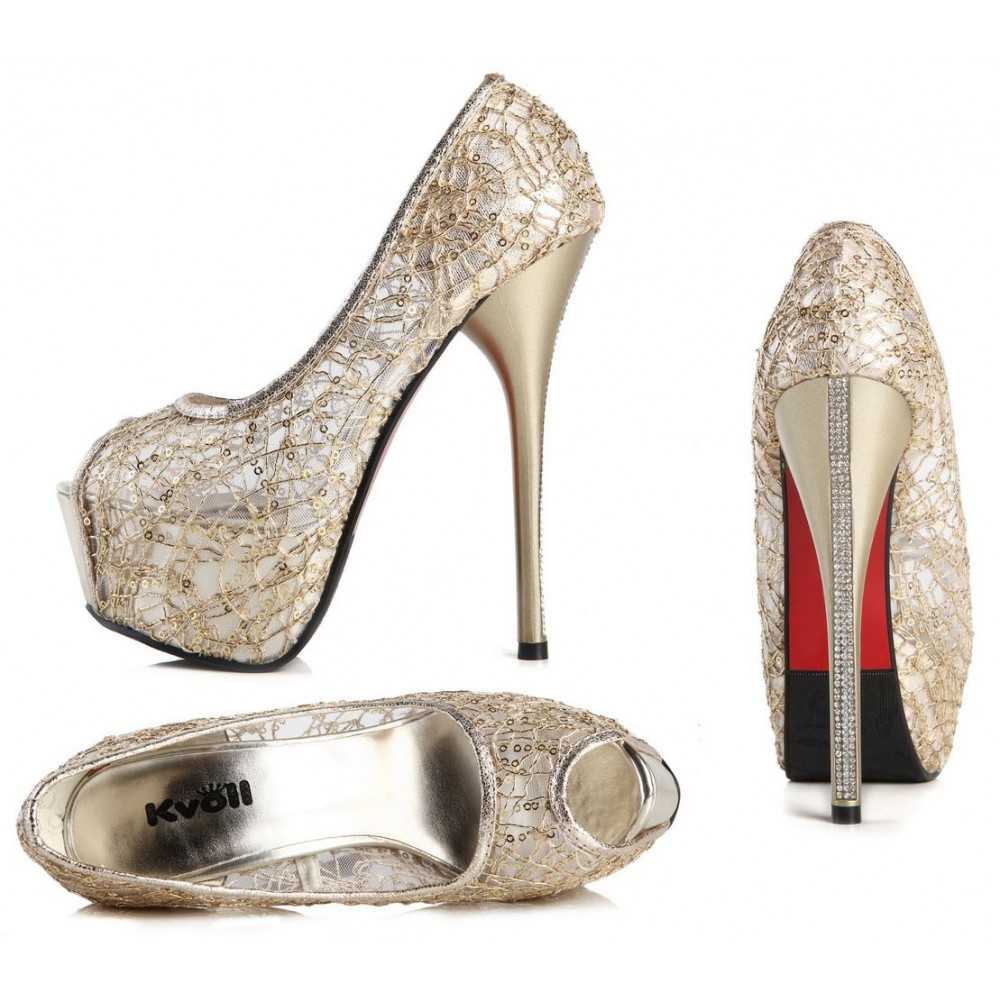 Sequin peep toe platform shoes 14.8cm Heel 5cm Platform Gold Kvoll