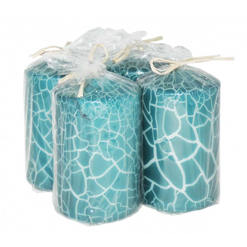 HotStar Crack Metallic Turquoise Candles Pillars 4 Pcs Burning 30 Hours 60x100 mm Unscented