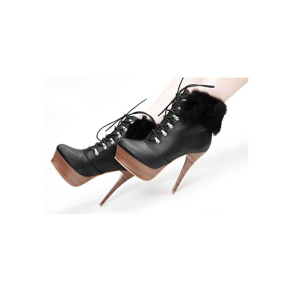 Lace up platform ankle boots with faux fur cuff 13cm Heel/3.5cm Platform Black