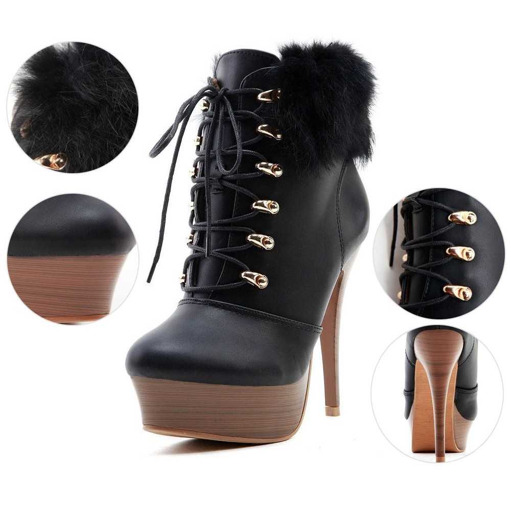 Lace up platform ankle boots with faux fur cuff 13cm Heel/3.5cm Platform Black