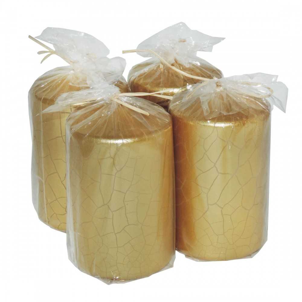 HotStar Crack Metallic Gold Candles Pillars 4 Pcs Burning 30 Hours 60x100 mm Unscented