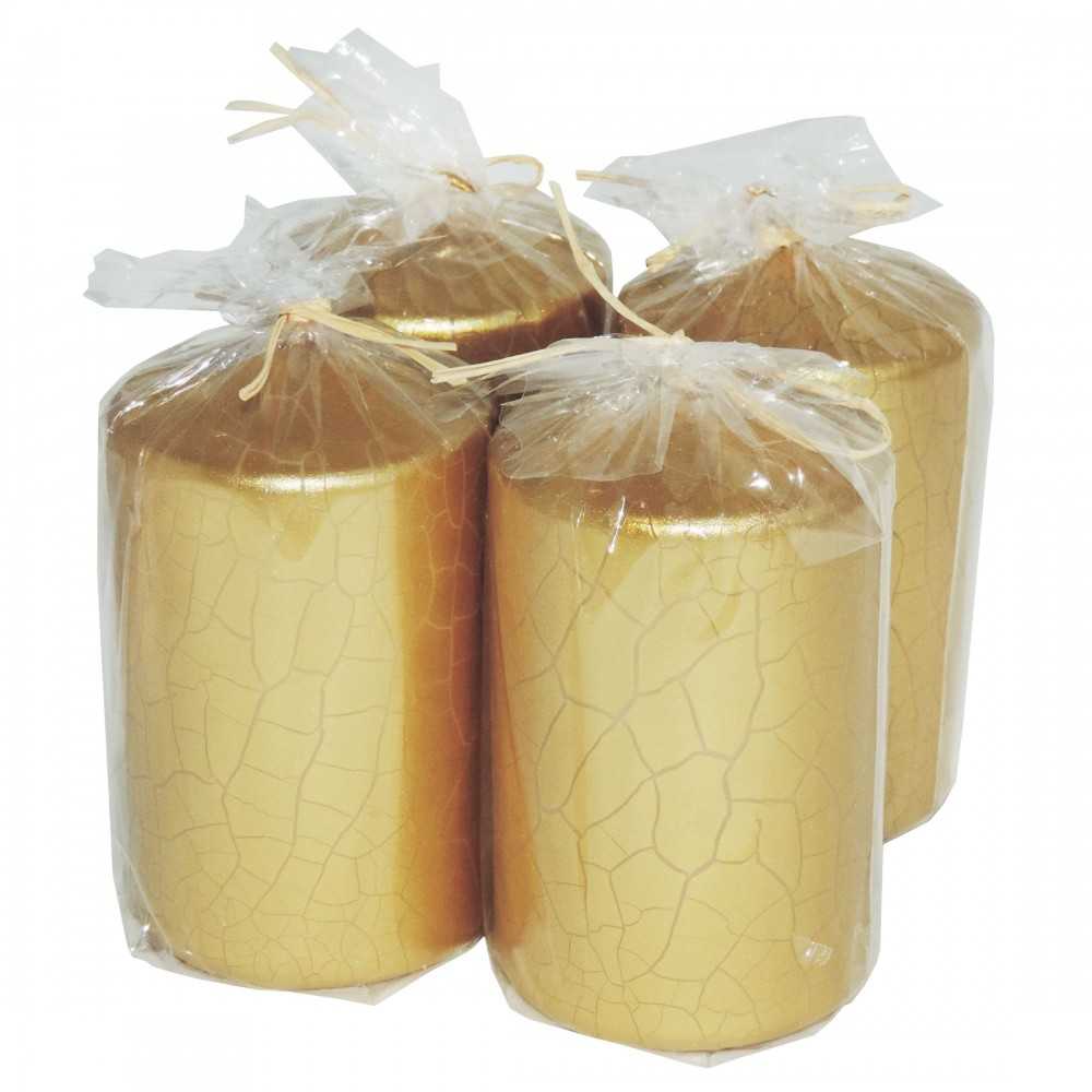 HotStar Crack Metallic Gold Candles Pillars 4 Pcs Burning 30 Hours 60x100 mm Unscented