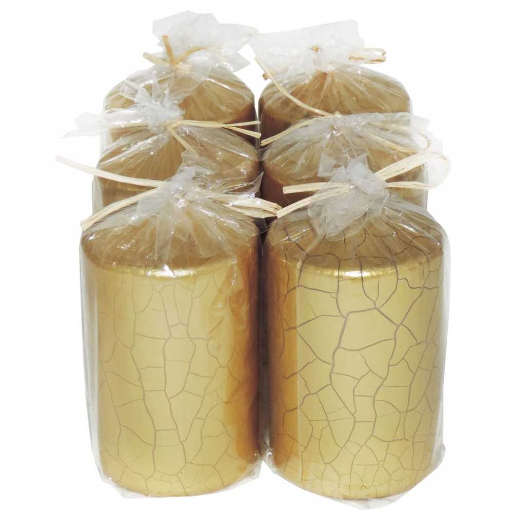 HotStar Crack Metallic Gold Candles Pillars 6 Pcs Burning 30 Hours 60x100 mm Unscented