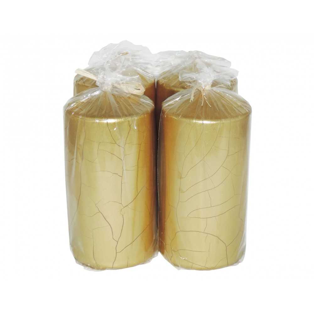 HotStar Crack Metallic Gold Candles Pillars 4 Pcs Burning 69 Hours 70x140 mm Unscented