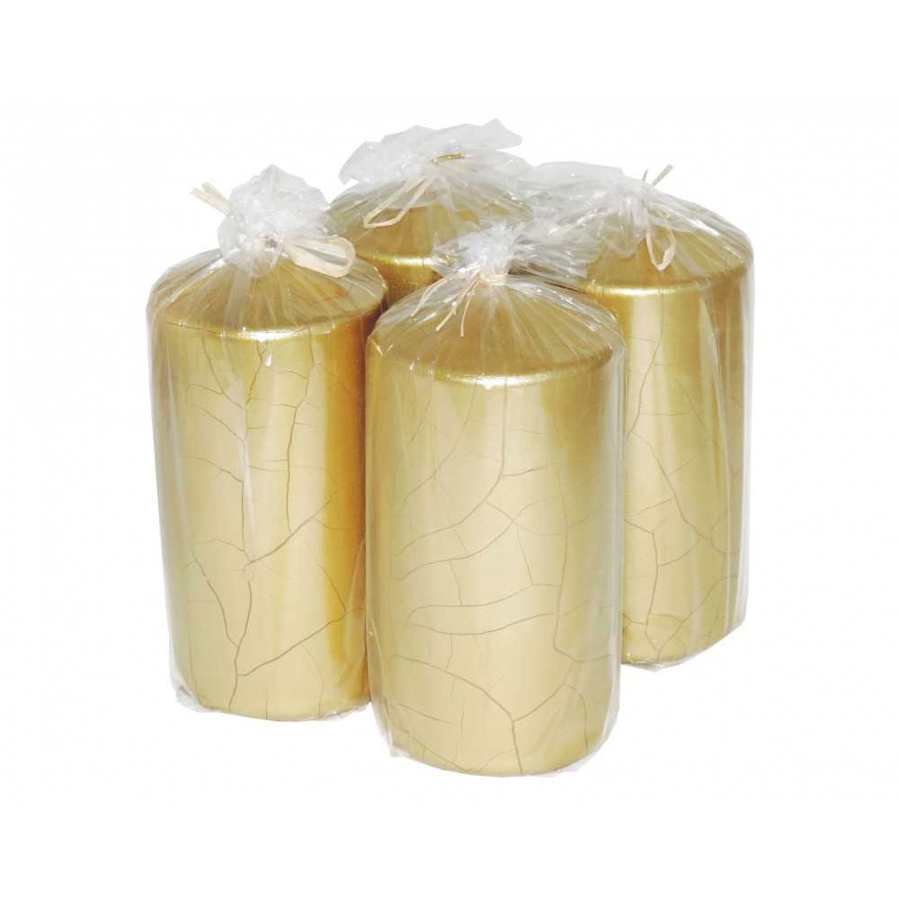 HotStar Crack Metallic Gold Candles Pillars 4 Pcs Burning 69 Hours 70x140 mm Unscented