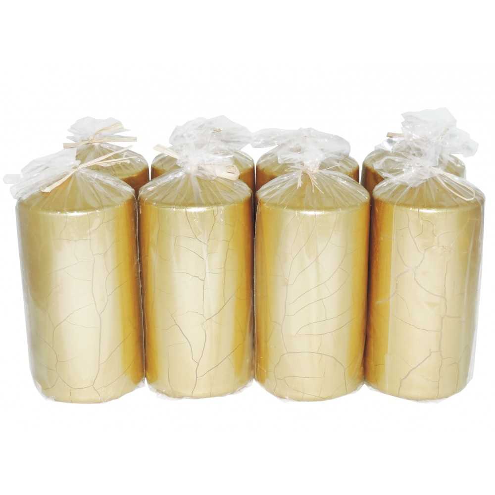 HotStar Crack Metallic Gold Candles Pillars 8 Pcs Burning 69 Hours 70x140 mm Unscented