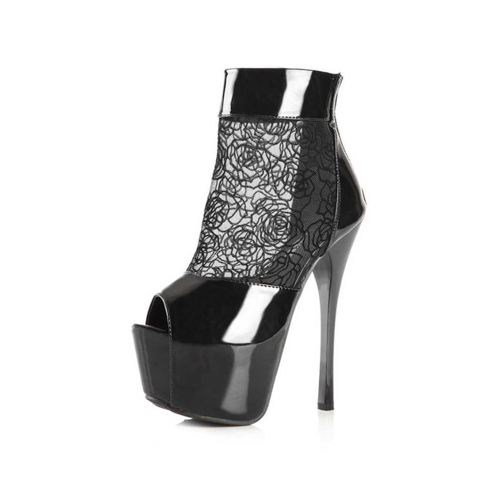 Platform peep toe ankle boots with floral tulle insert 16cm Heel 6cm Platform Black Kvoll