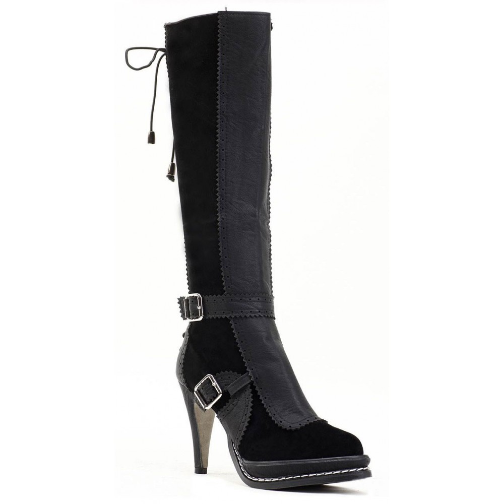 Knee high suede boots with side zip 10cm Heel/2.5cm Platform Black