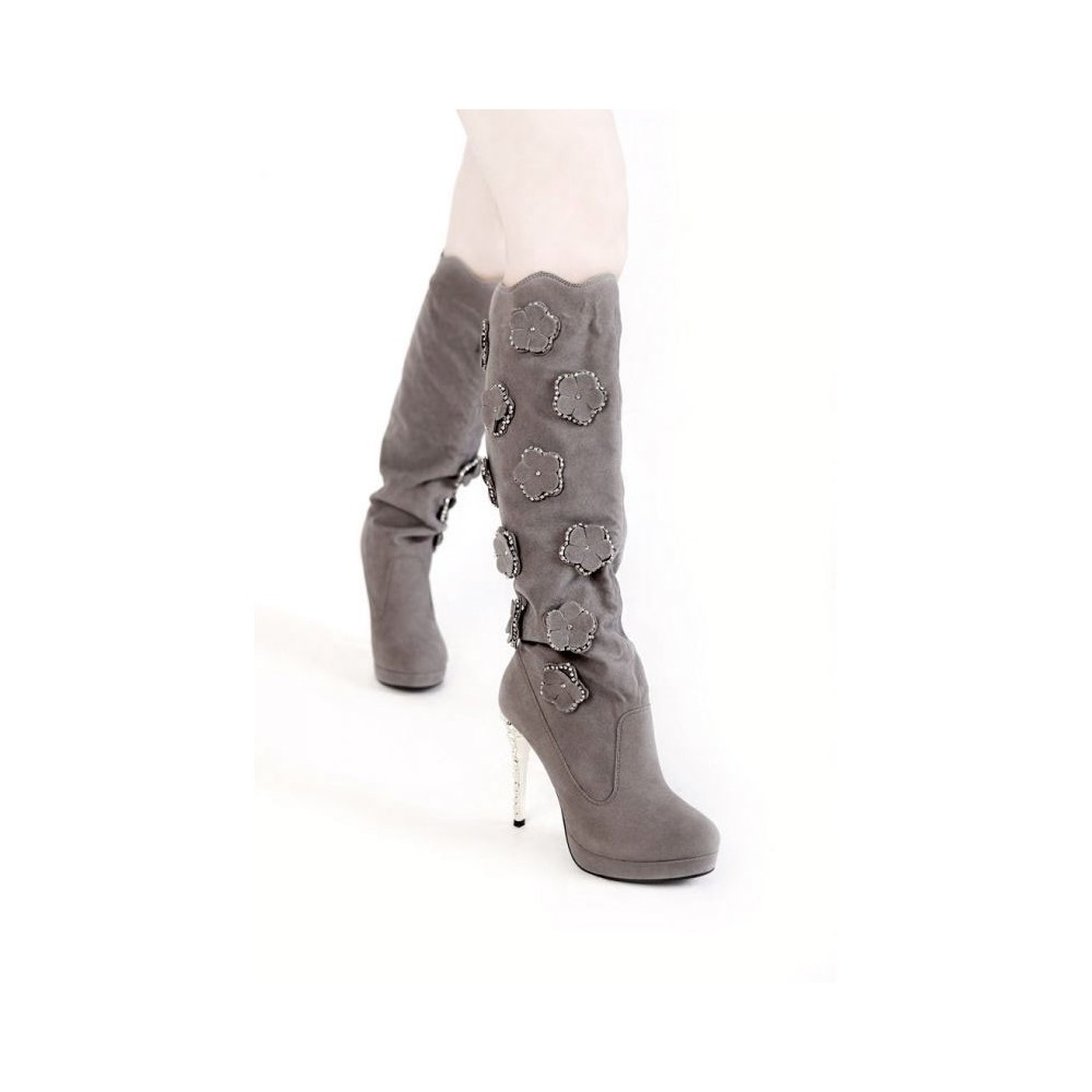 Cashmere leather boots with flowers and rhinestone heel 11.5cm Heel 2cm Platform Grey Kvoll