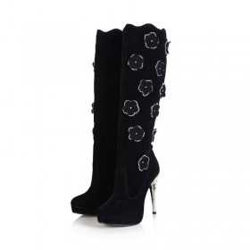 Cashmere leather boots with flowers and rhinestones Heel 11.5cm Plateau 2cm Black Kvoll