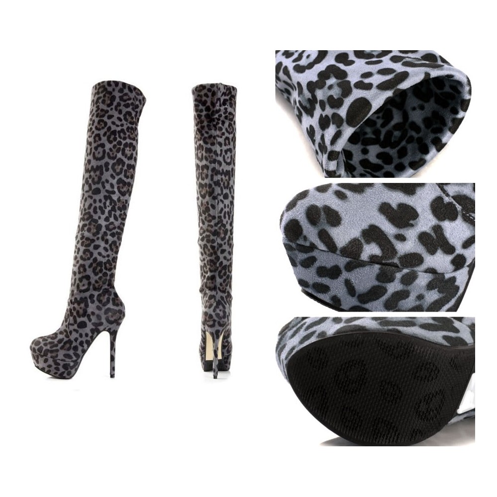 Over the knee leopard print suede platform boots 12.5cm Heel  3.7cm Platform Grey Kvoll