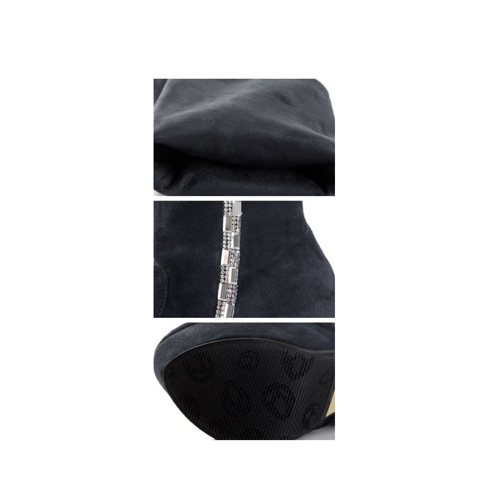 Stivali tacco alto sexy cuissard in camoscio con strass Tacco 12.5cm Plateau 4cm Nero Kvoll