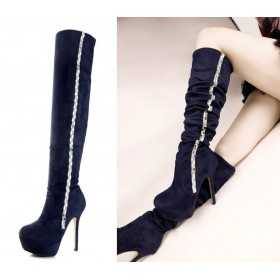 Over the knee suede cuissard boots with rhinestone detail 12.5cm Heel/4cm Platform Blue