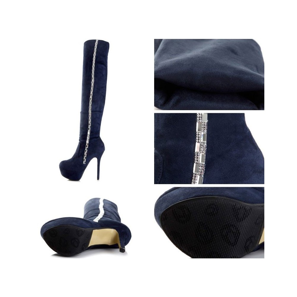 Stivali tacco alto sexy cuissard in camoscio con strass Tacco 12.5cm Plateau 4cm Blu Kvoll