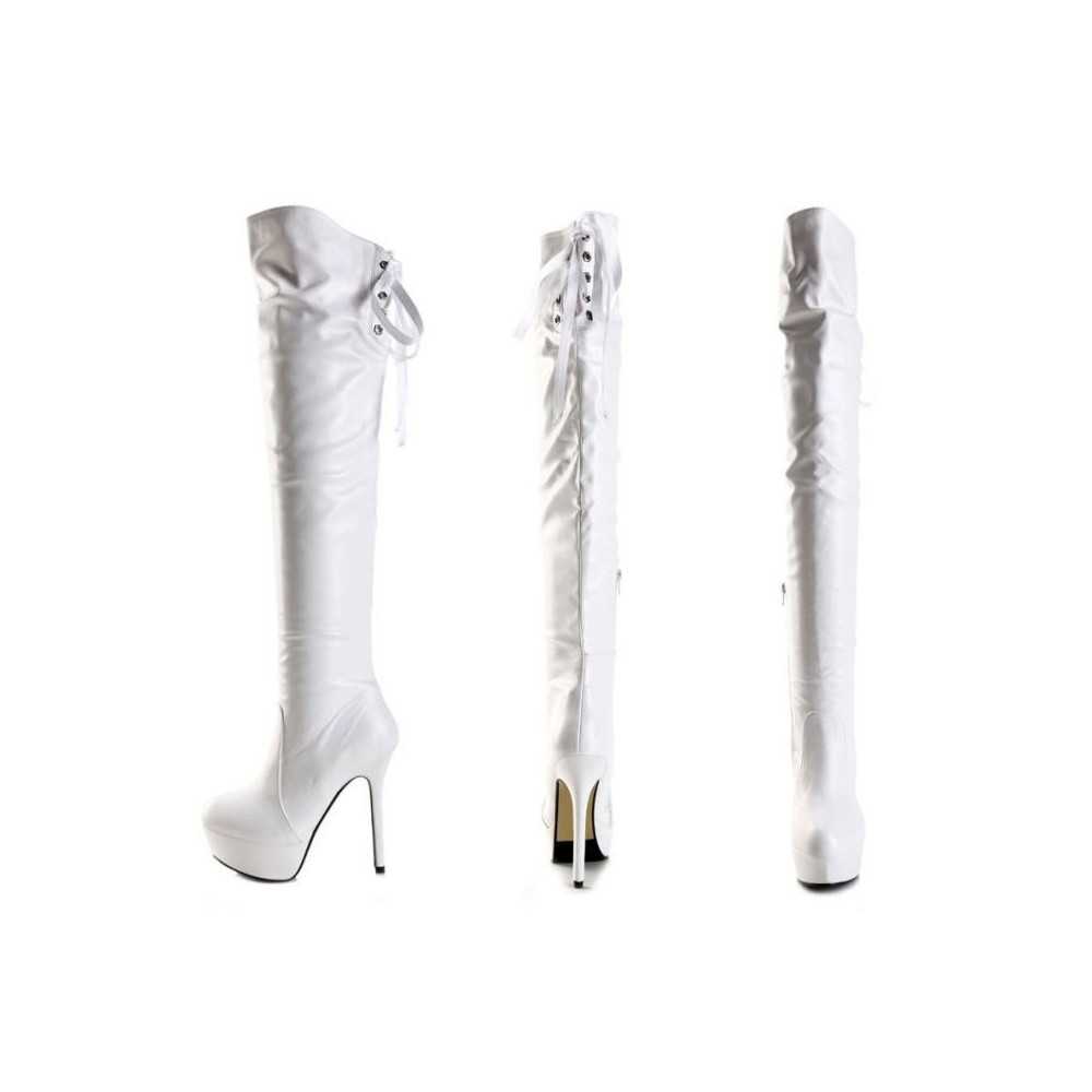 Stivali tacco alto sexy alti cuissard con cerniera Tacco alto 12.5cm Plateau 3.5cm Bianco Kvoll