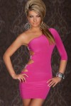 Pink One-shoulder one sleeve mini dress decorated with rhinestone