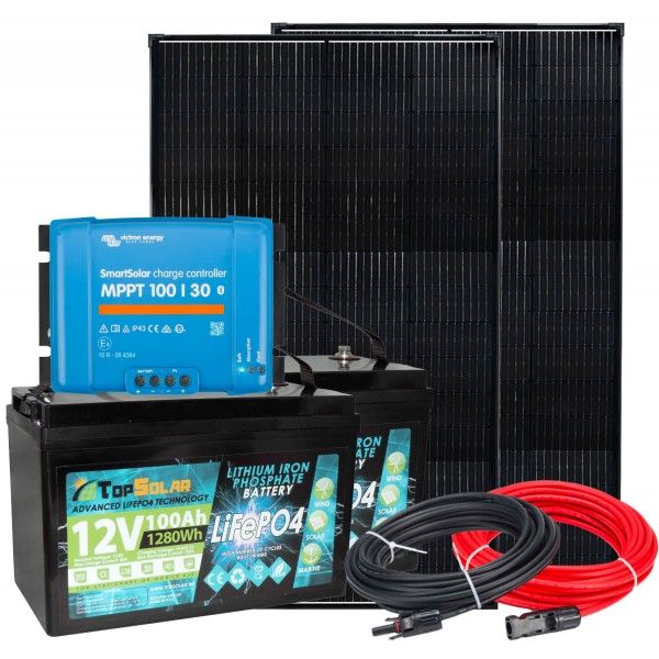 12V 300W RV/Boat Kit + 2 LiFePO4 100Ah + MPPT 100/30 SmartSolar + Cable Kit