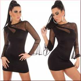 Black Mini Dress with transparent bateau neckline and bell sleeves